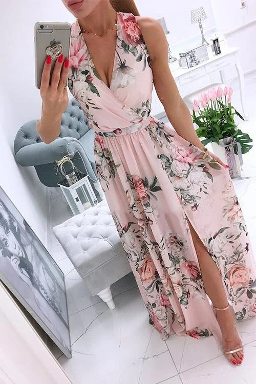 Free Shipping V Neck Waisted Split Printed Ellin Dress