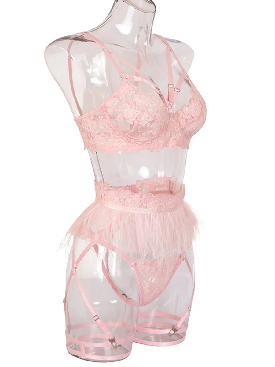 Three-piece lace and feather embroidered underwear