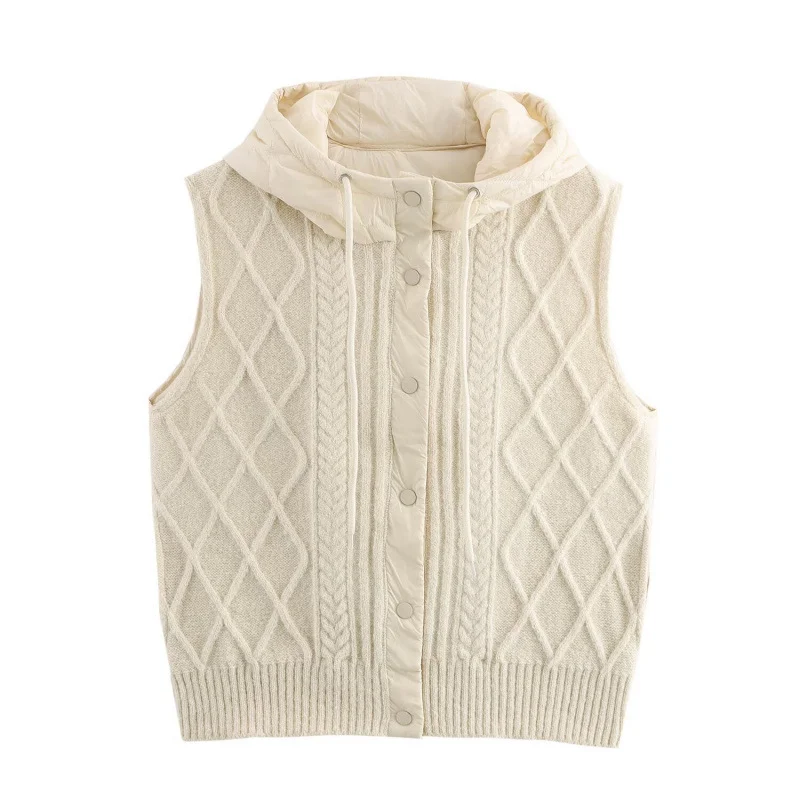 Nigikala Nigikala Women's 2025 Winter Fashion Vintage Vintage Vintage Cotton Stitched Knitted Hooded Vest Vest