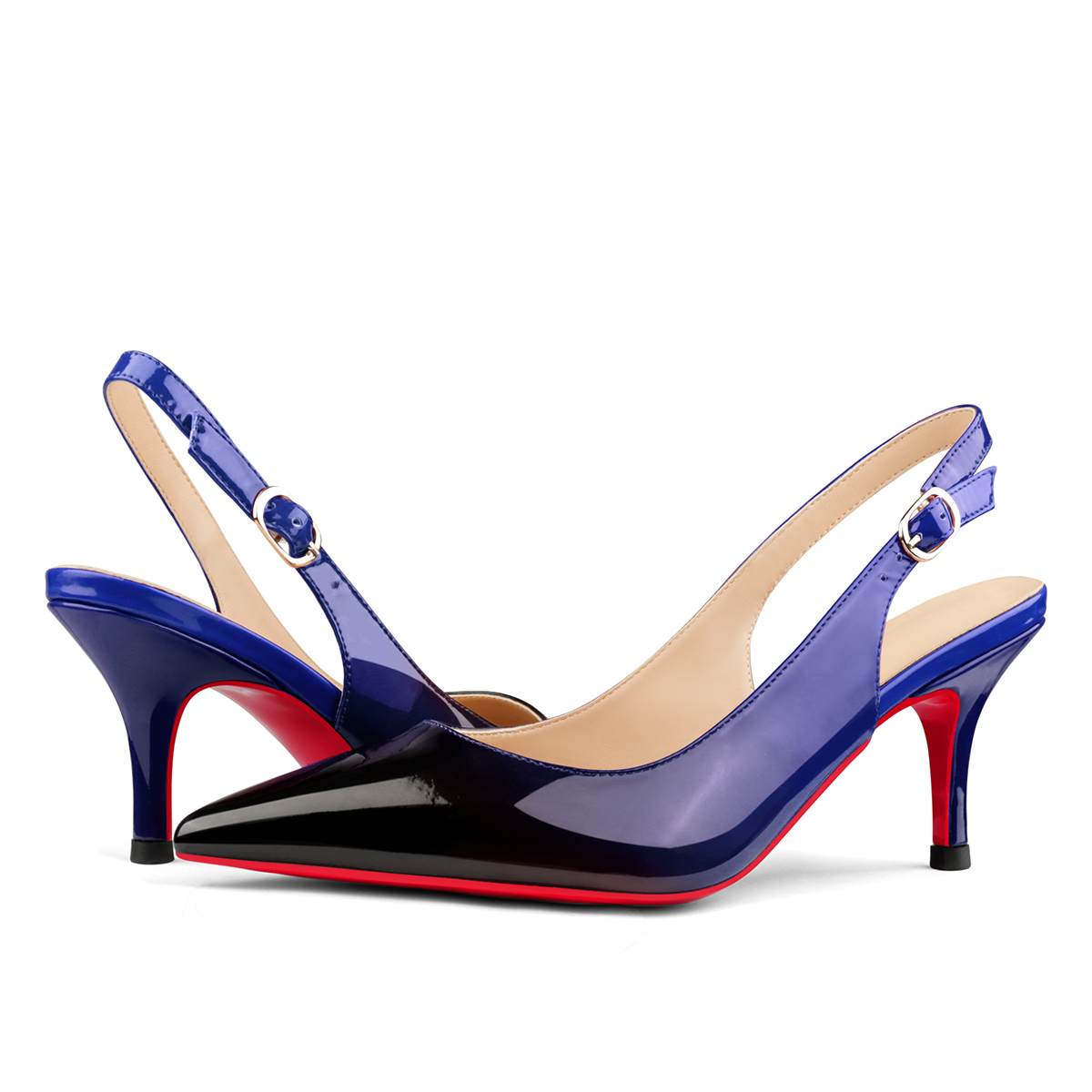 2.36" Women's Kitten Heel Pointed Toe Sandals Slingback Shoes Red Bottom Pumps Gradient Color-MERUMOTE
