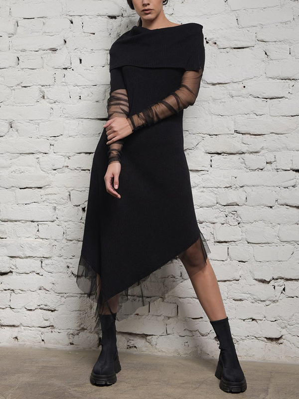Tulle Sleeves Asymmetric Knitted Midi Dress