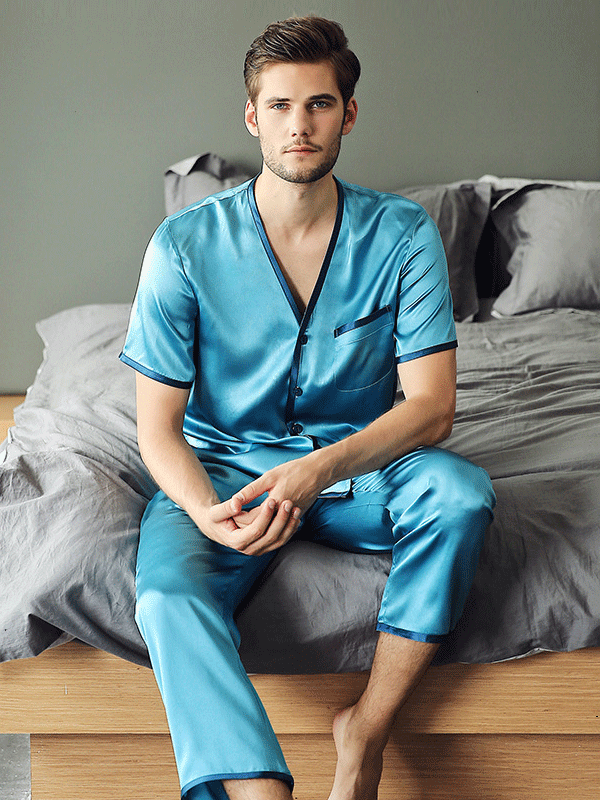 Azure Blue Short Sleeves Men's Silk Pajama Set