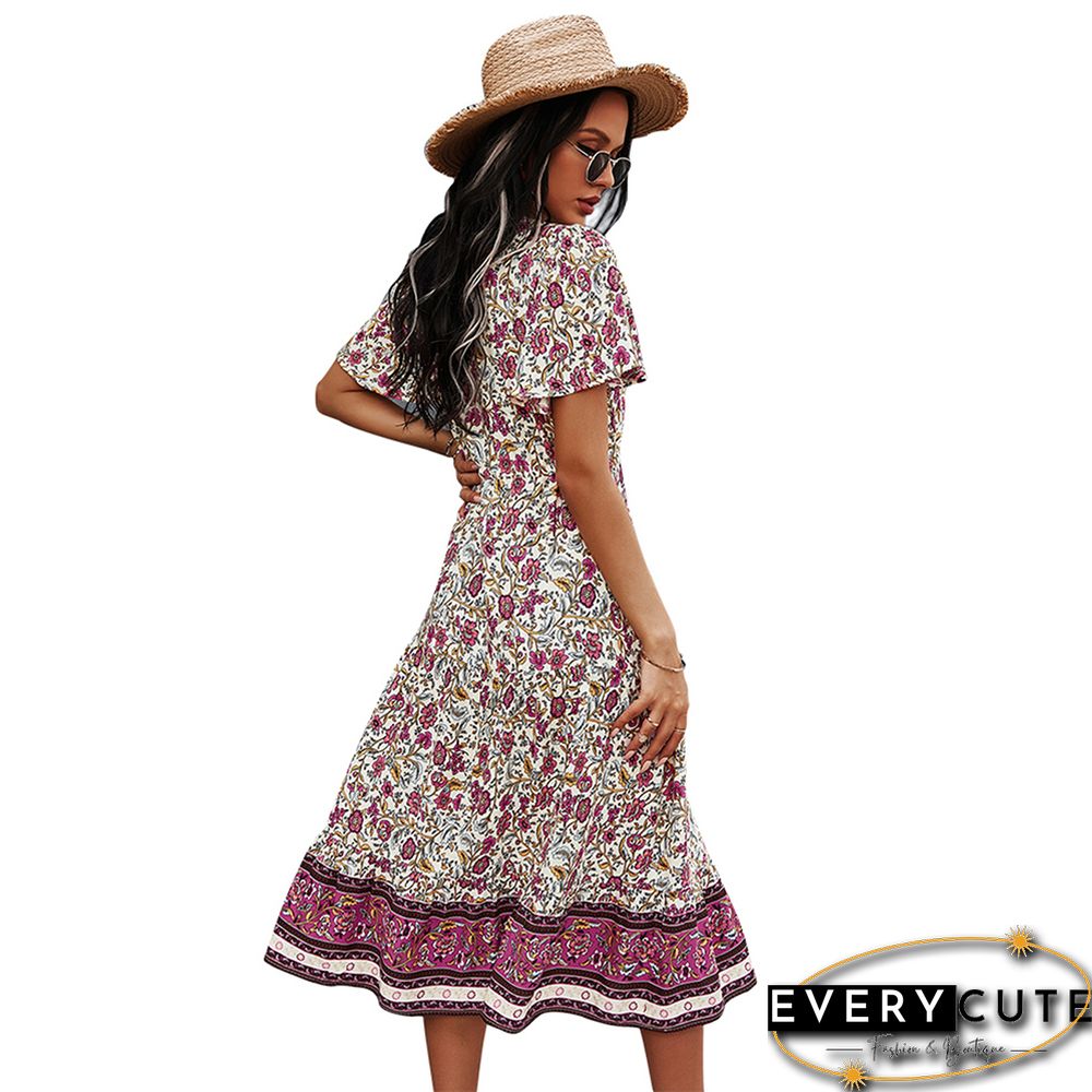 White Short Sleeve V Neck Boho Dress