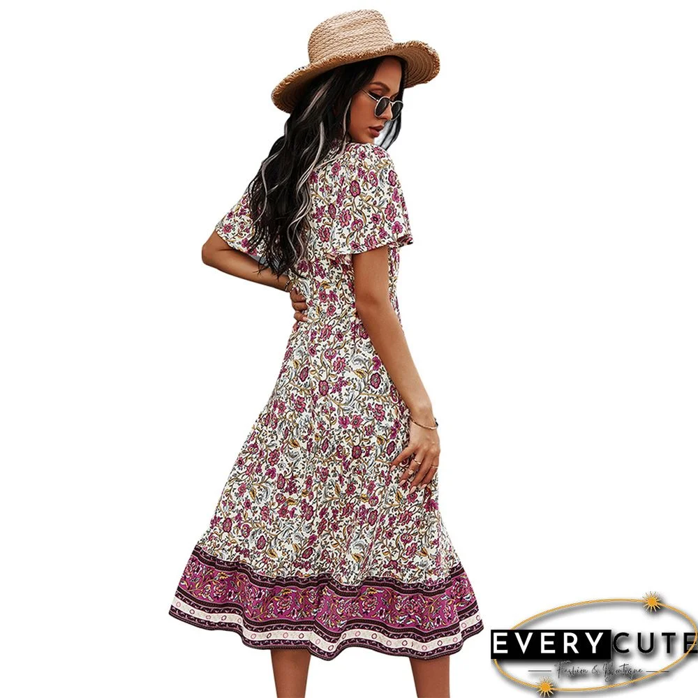 White Short Sleeve V Neck Boho Dress