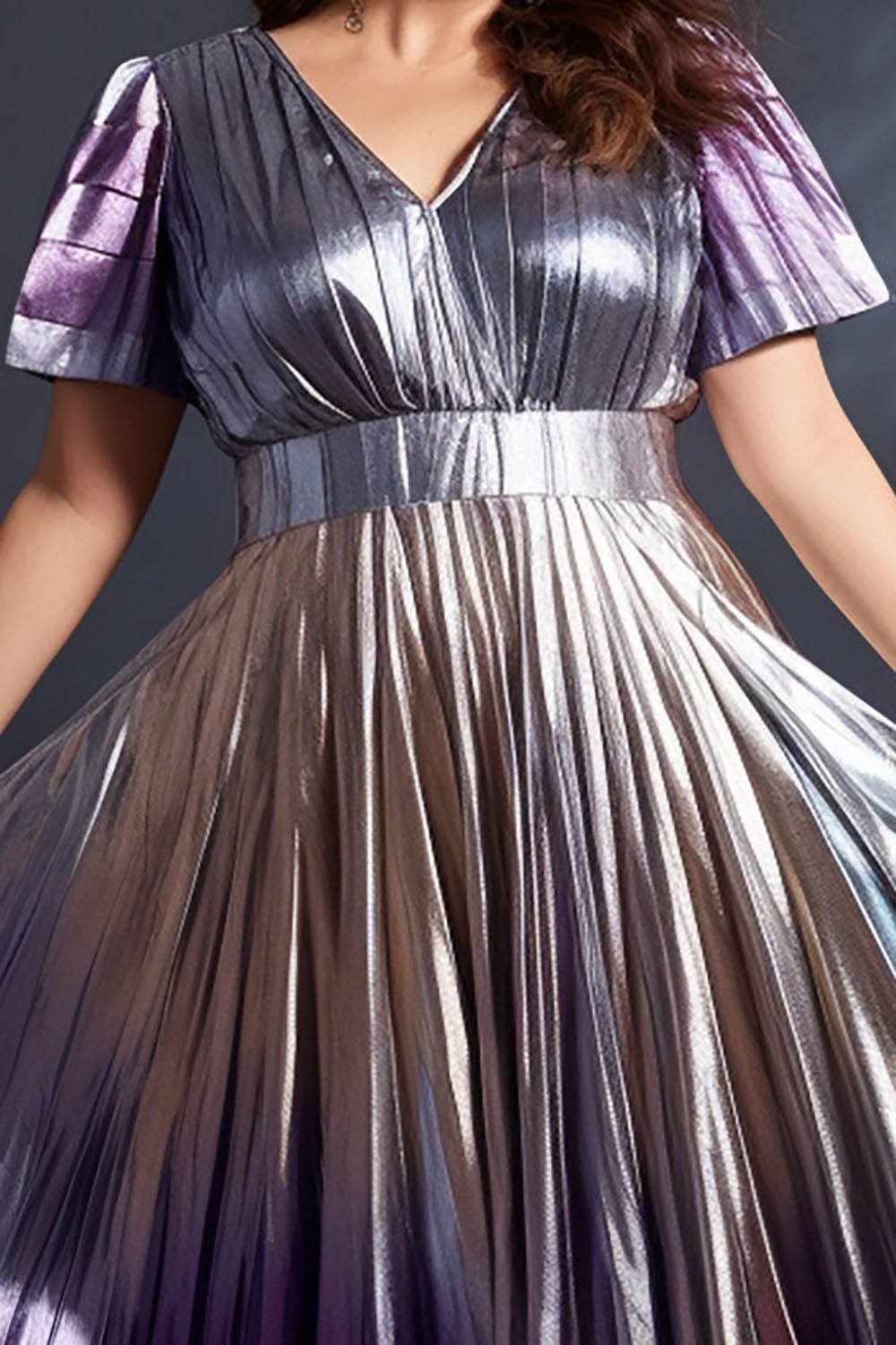 Design Plus Size Semi Formal Elegant Purple Gradient V Neck Short Sleeve Pleated Metallic Maxi Dresses [Pre-Order]