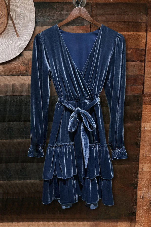 V-Neck Tiered Ruffled Velvet Dress