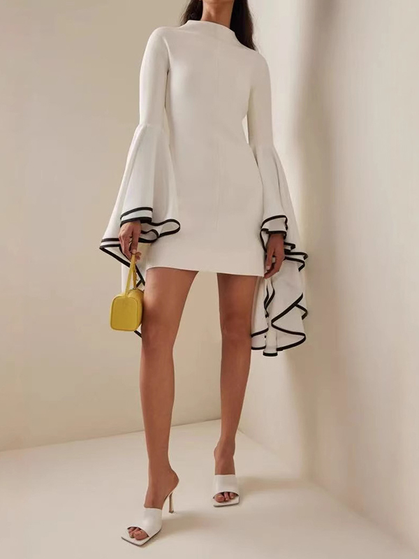 Long Flared Sleeve Ruffled Trim High Neck Mini Dress
