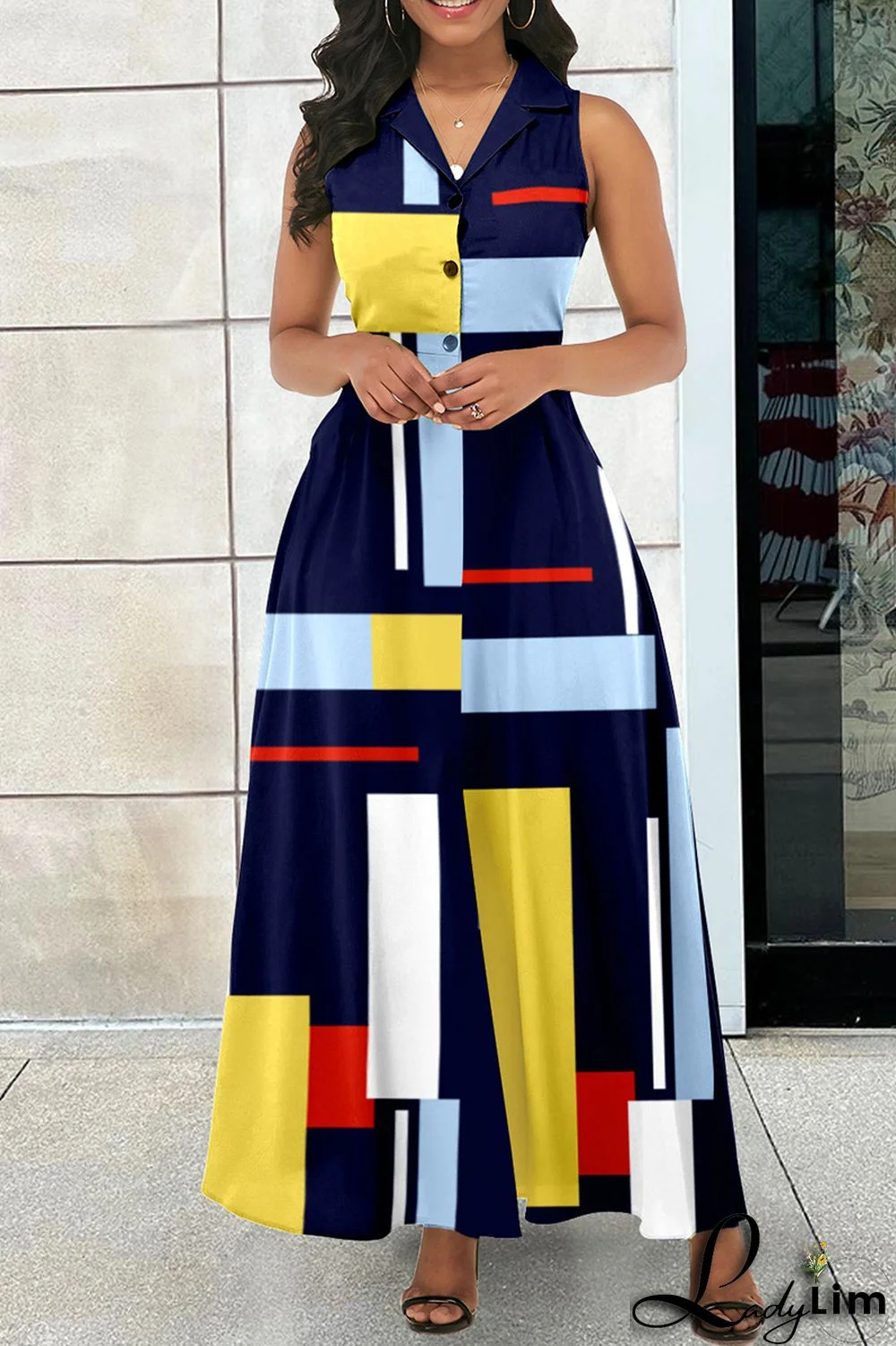 Tibetan Blue Casual Print Patchwork Turndown Collar Long Dress Dresses