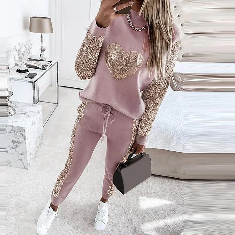 Sequin Panel Casual Tracksuit Two Piece Set