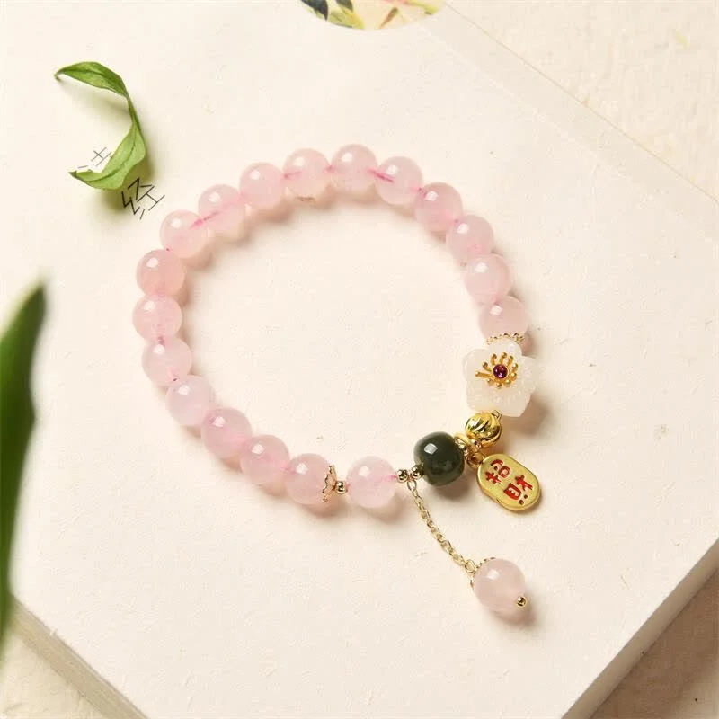 Natural Pink Crystal Jade Flower Charm Bracelet