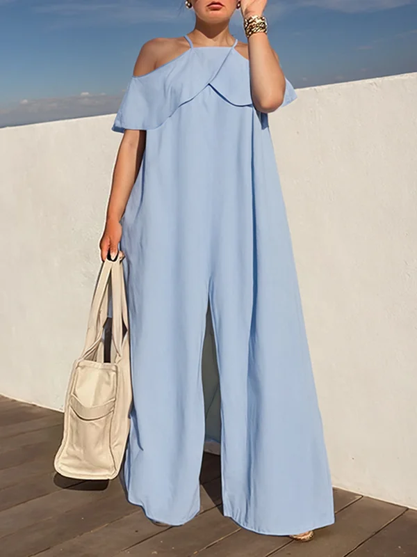 Solid Color Zipper High Waisted Loose Cold Shoulder Jumpsuits