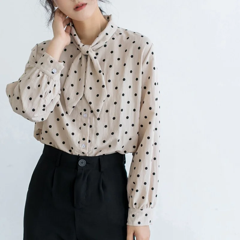 Bowtie Polka Dot Blouse Women Loose Casual Tops Female Plus Size Shirts Blouse Lantern Sleeve Office Work Wear Shirts White Tops