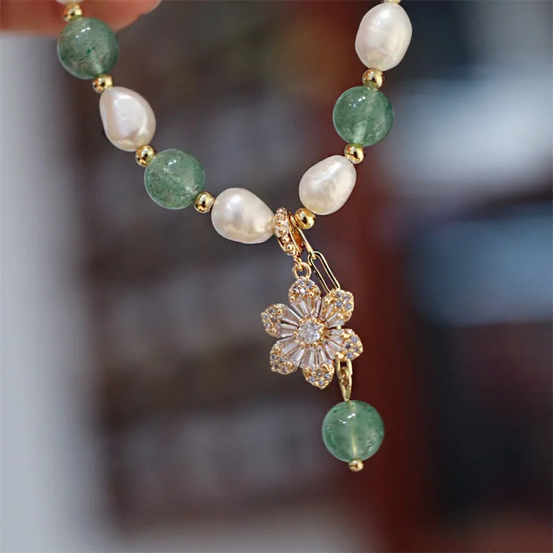 Green Strawberry Quartz Pearl Flower Charm Love Bracelet