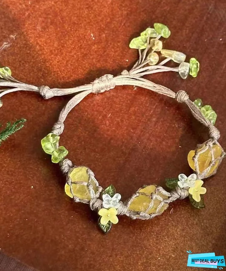 Vintage Yellow Handmade Weaving Crystal Floral Tassel Charm Bracelet