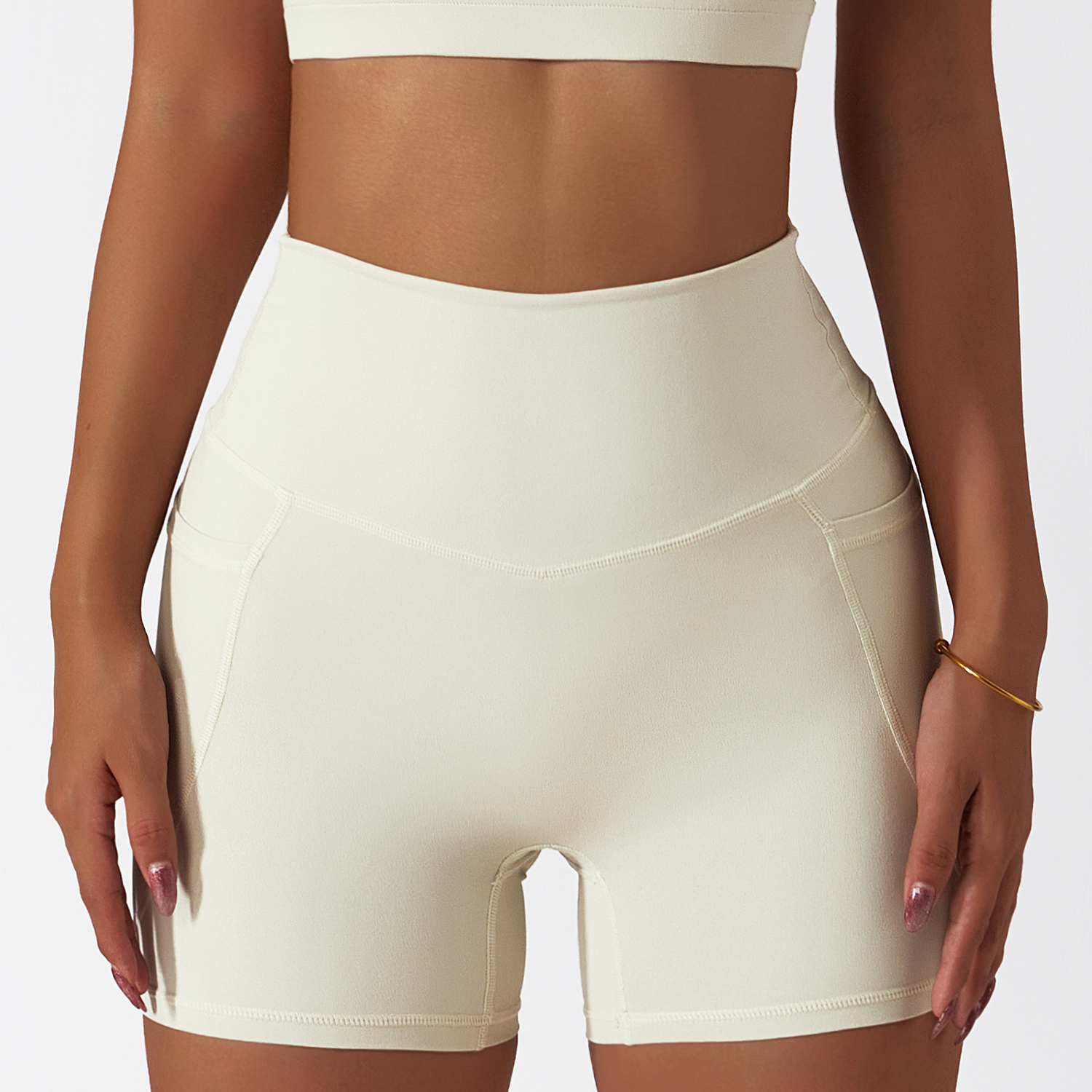 Buy Cream Apricot different colors and types of high rise no camel toe squat proof tummy control comfort lightweight buttery soft thin opaque fitness gym shorts on Hergymclothing