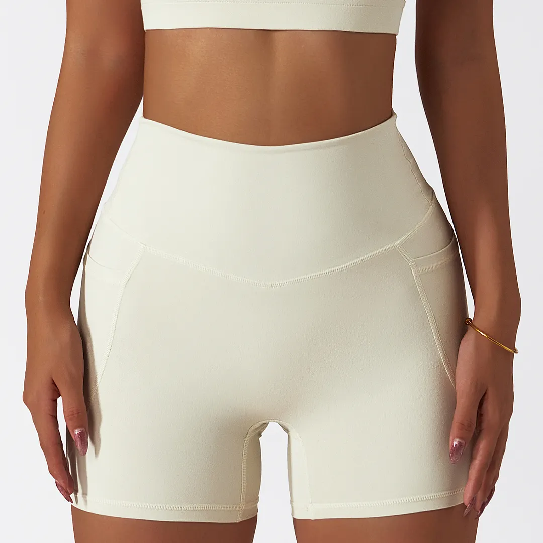 Buy Cream Apricot different colors and types of high rise no camel toe squat proof tummy control comfort lightweight buttery soft thin opaque fitness gym shorts on Hergymclothing