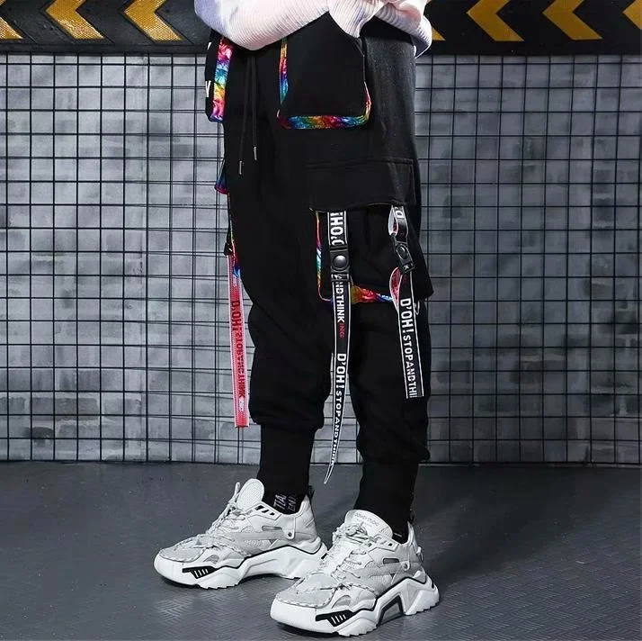Ueong Personality Hip-Hop Tide Card Loose Movement Machine Can Overalls Men's Letter Large Pocket Ribbon Leisure Rainbow Pants