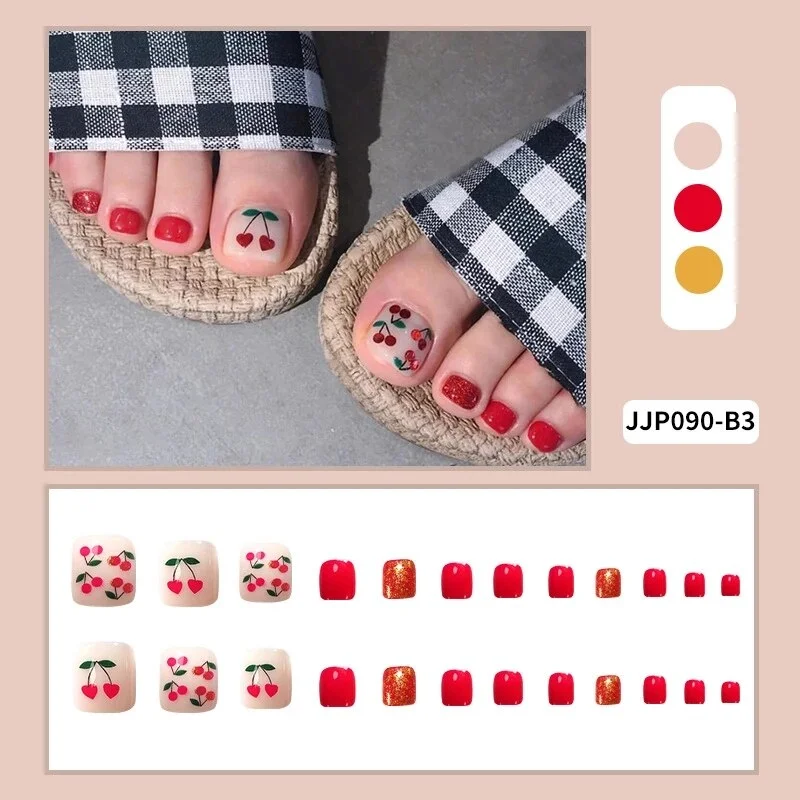 24pcs Purple False Toe Nails Summer Full Cover Wearing Toe Nail Art Pattern Removable Nail Stickers With Glue-Nail Inspo