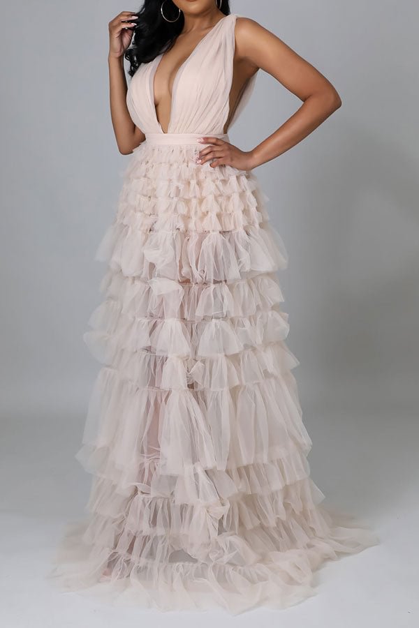 Solid Color Luxe Tiered Ruffle See-Through Maxi Dress