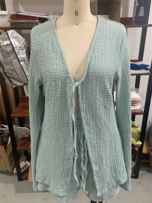 Women's Long Sleeve V-neck Lace-up Casual Solid Color Set