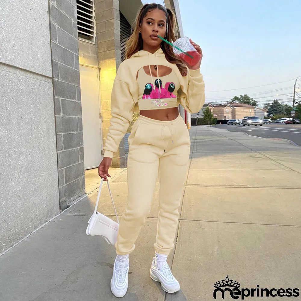 Casual Fleece Hoodie+Tank Top+Pants 3 Piece Sets