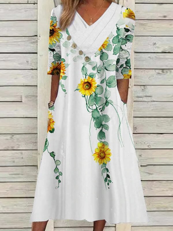 Floral Tunic V-Neckline Midi A-line Print Dress