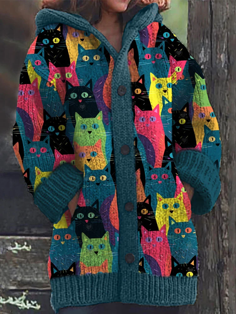 Colorful Cat Pattern Cozy Hooded Cardigan