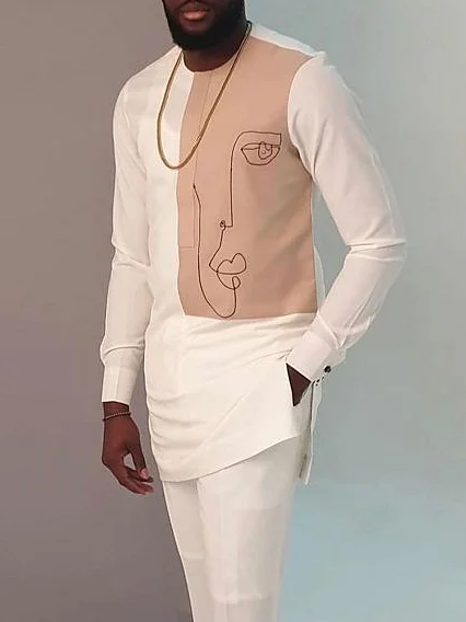 Men's casual white khaki printed long sleeve two-piece set