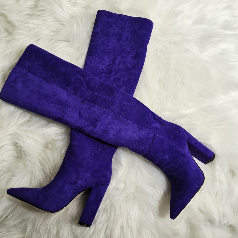 VCSHOES Chunky High Heels Beige Nubuck Thigh Boots Square Heels Pointed Toe Loose Nutural Draped Over Knee Suede Boots