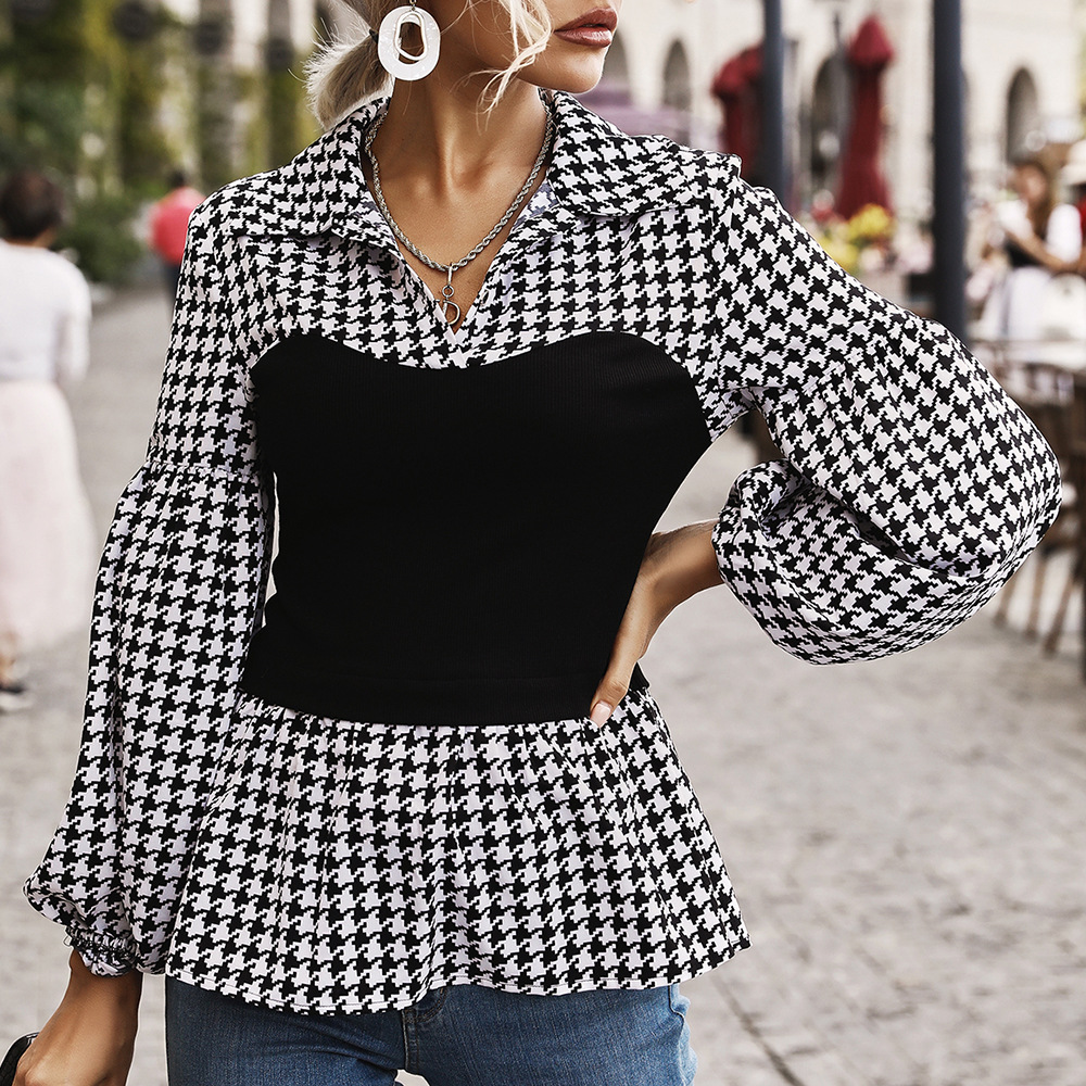Casual Patchwork Plaid Long Sleeve Fashion Black Slim Fit Shirt
