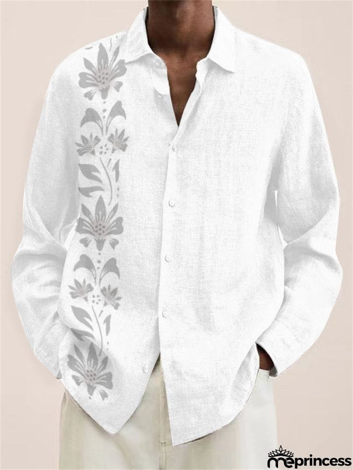 White Floral Printed Long Sleeve Super Soft Cotton Shirt for Men