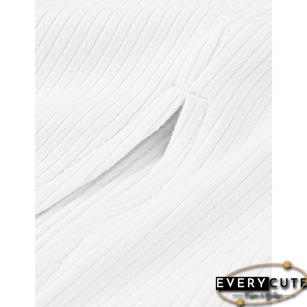 White Button-up Rib Split Long Sleeve Dress