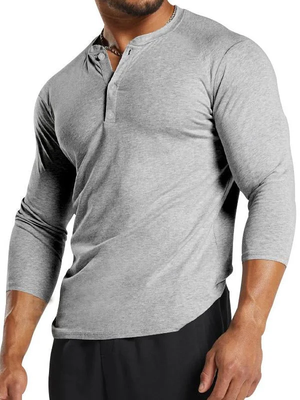 Men's Cotton Solid Color Basic Stretch Henley Long Sleeve Top