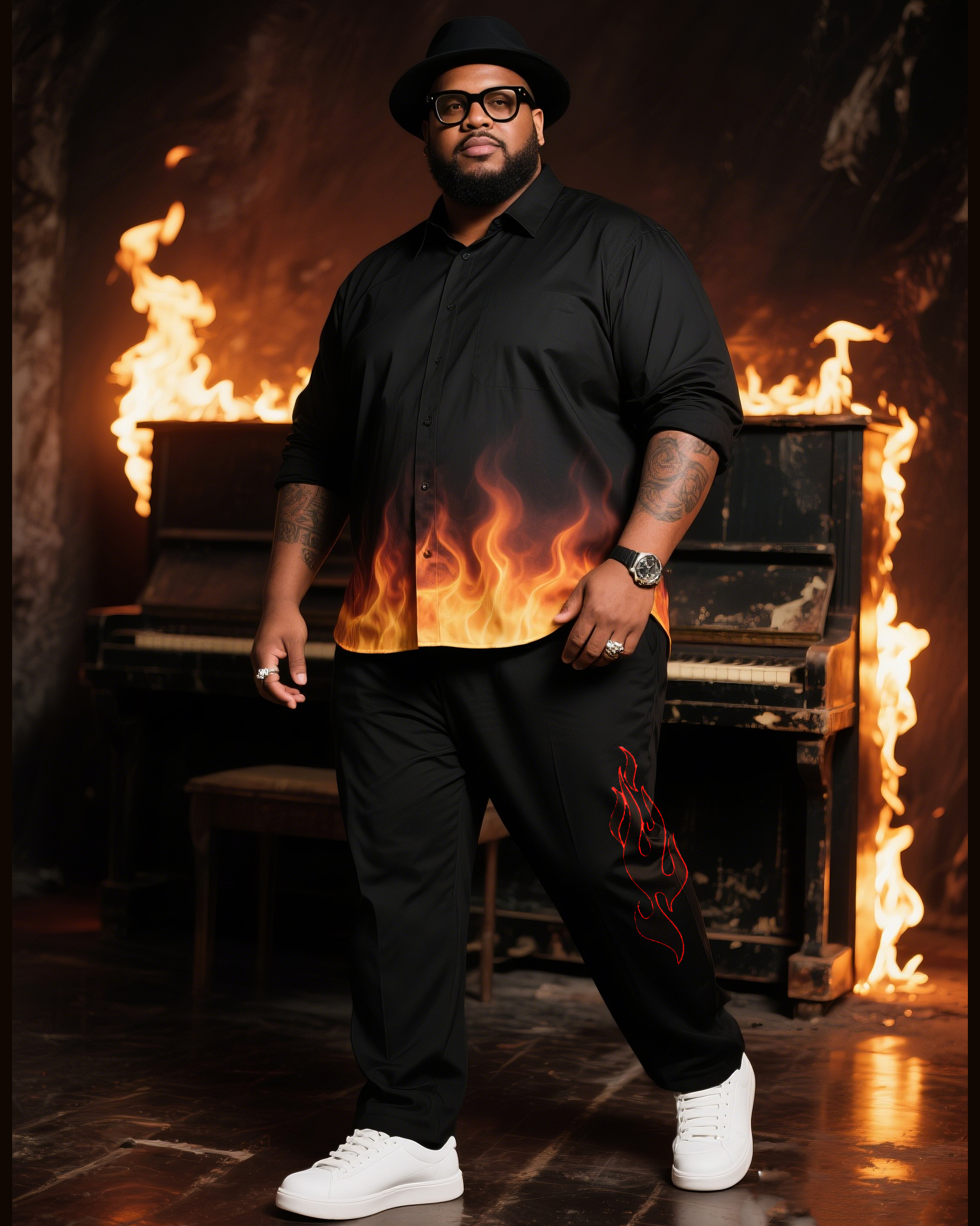 Big Boy Essential 2025 Fashion Popular Art Flame Burn Mark Long Sleeve Shirt Trousers Suit