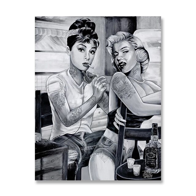 Hepburn Helped Monroe Tattoo Funny Canvas Painting Wall Art Posters Prints Wall Pictures for Living Room Home Cuadros Decor