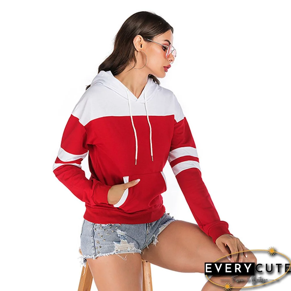 Red White Colorblock Kangaroo Pocket Hoodie