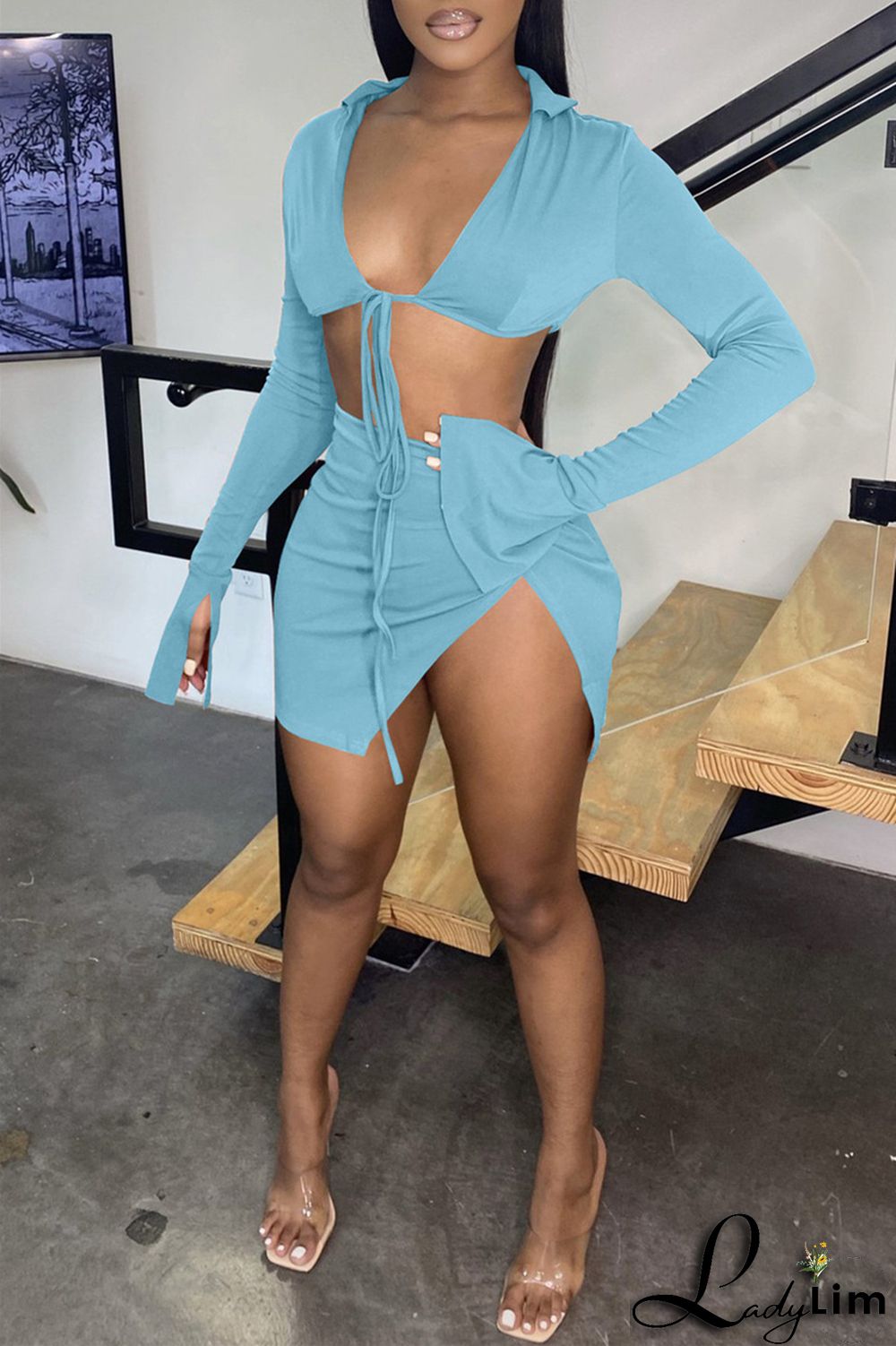Yellow Fashion Sexy Solid Bandage Slit V Neck Long Sleeve Two Pieces