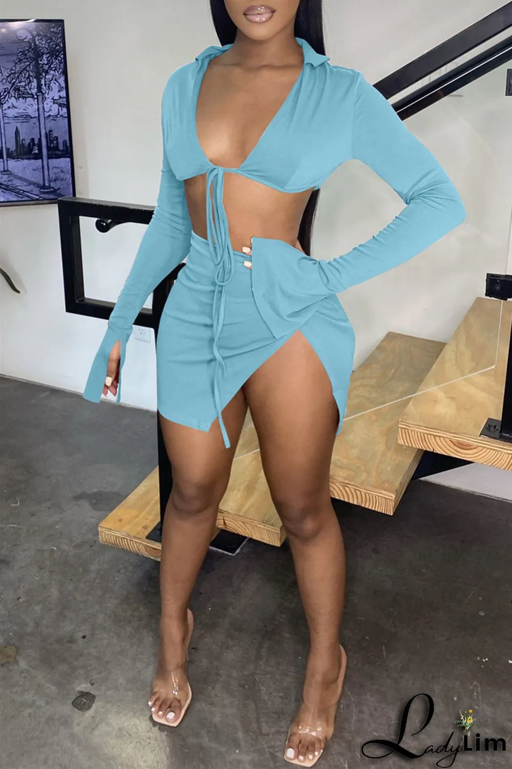 Yellow Fashion Sexy Solid Bandage Slit V Neck Long Sleeve Two Pieces