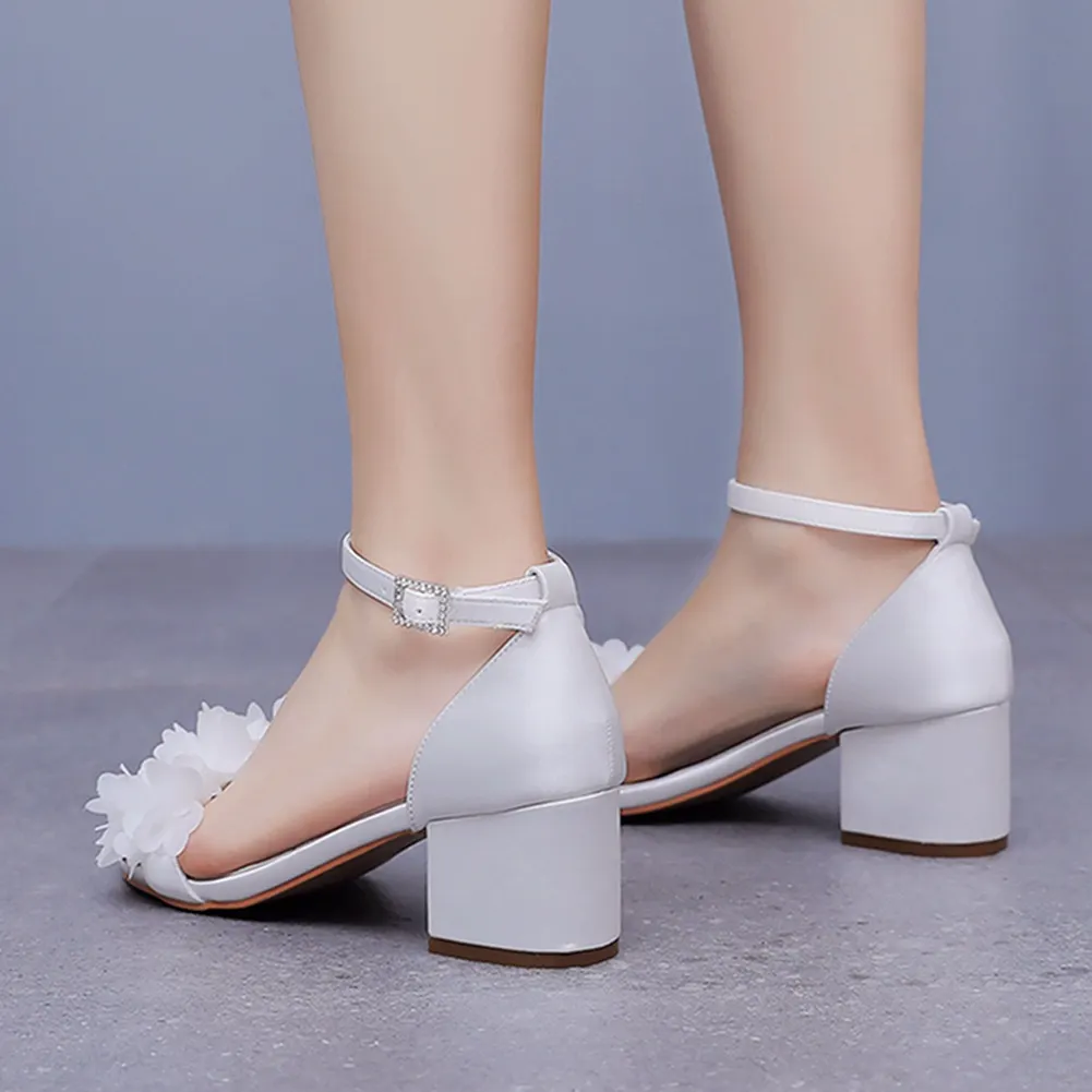 Breakj Breakj Cm Square Heel Sandals Light Mouth A Word With Coarse Heel Sandals White Flowers Color Lactin Ribbon Bridal Wedding Sandals