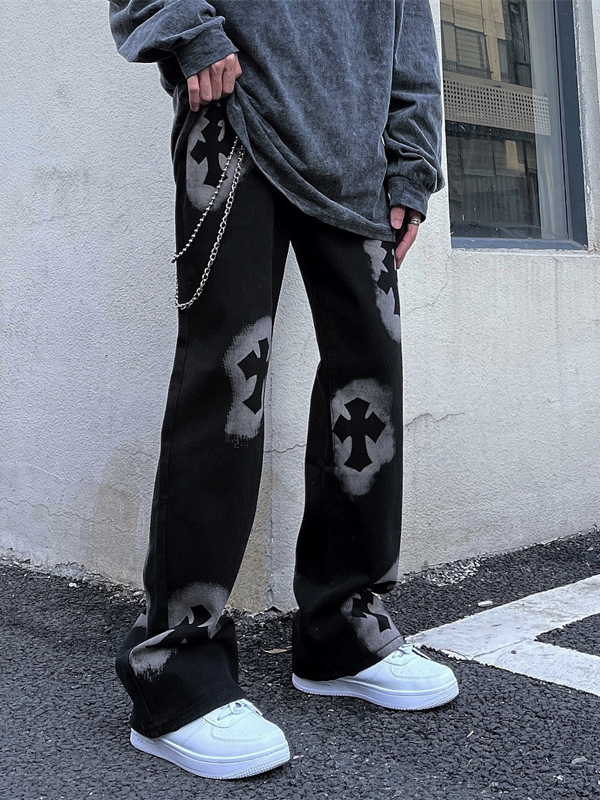 Vintage Letter Cross Straight Leg Jeans
