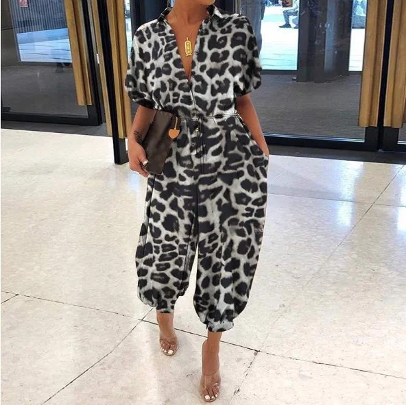 Vintage Leopard Print Short Sleeve Button Jumpsuit