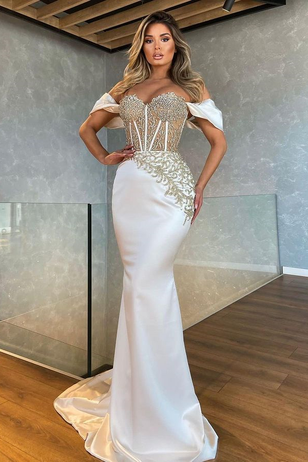 Bellasprom White Off-the-Shoulder Mermaid Evening Dress Long With Beads Bellasprom