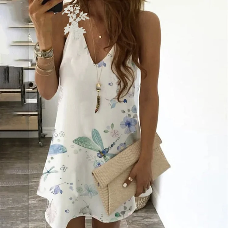 Basic White Sleeveless Print Mini Dress