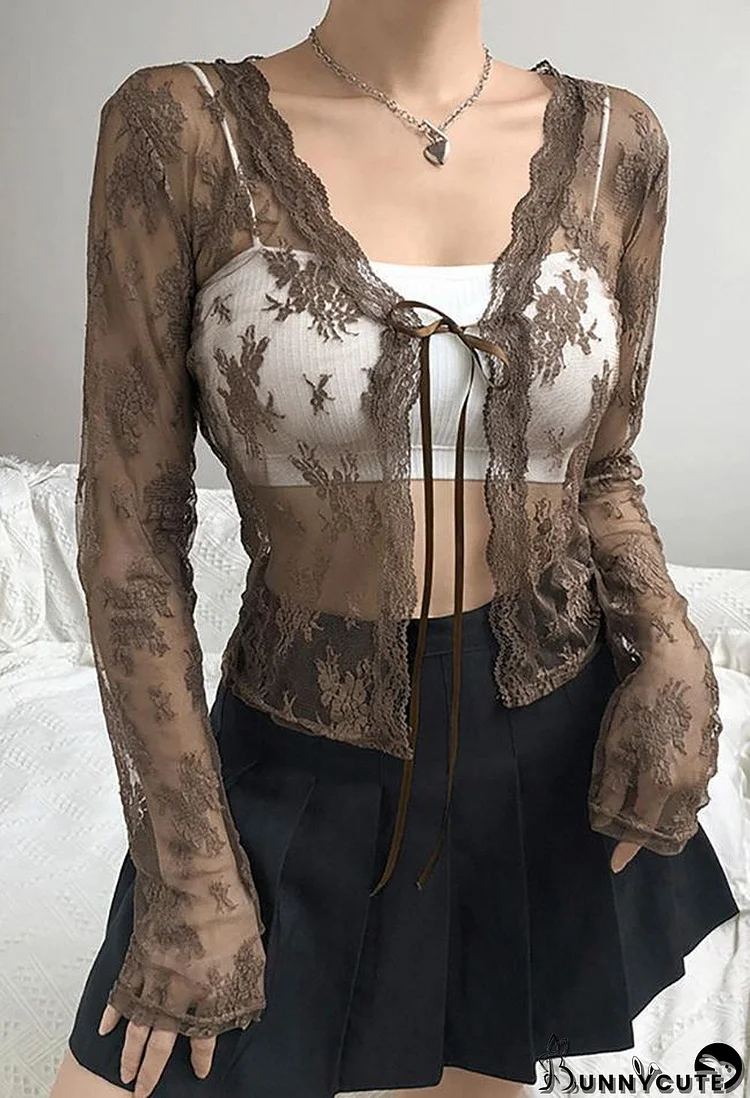 Open Front Lace Long Sleeve Crop Blouse