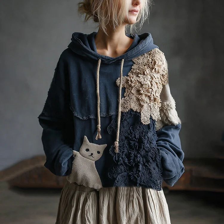 Vintage Boho Floral And Cute Cat Embroidered Patchwork Casual Hoodie