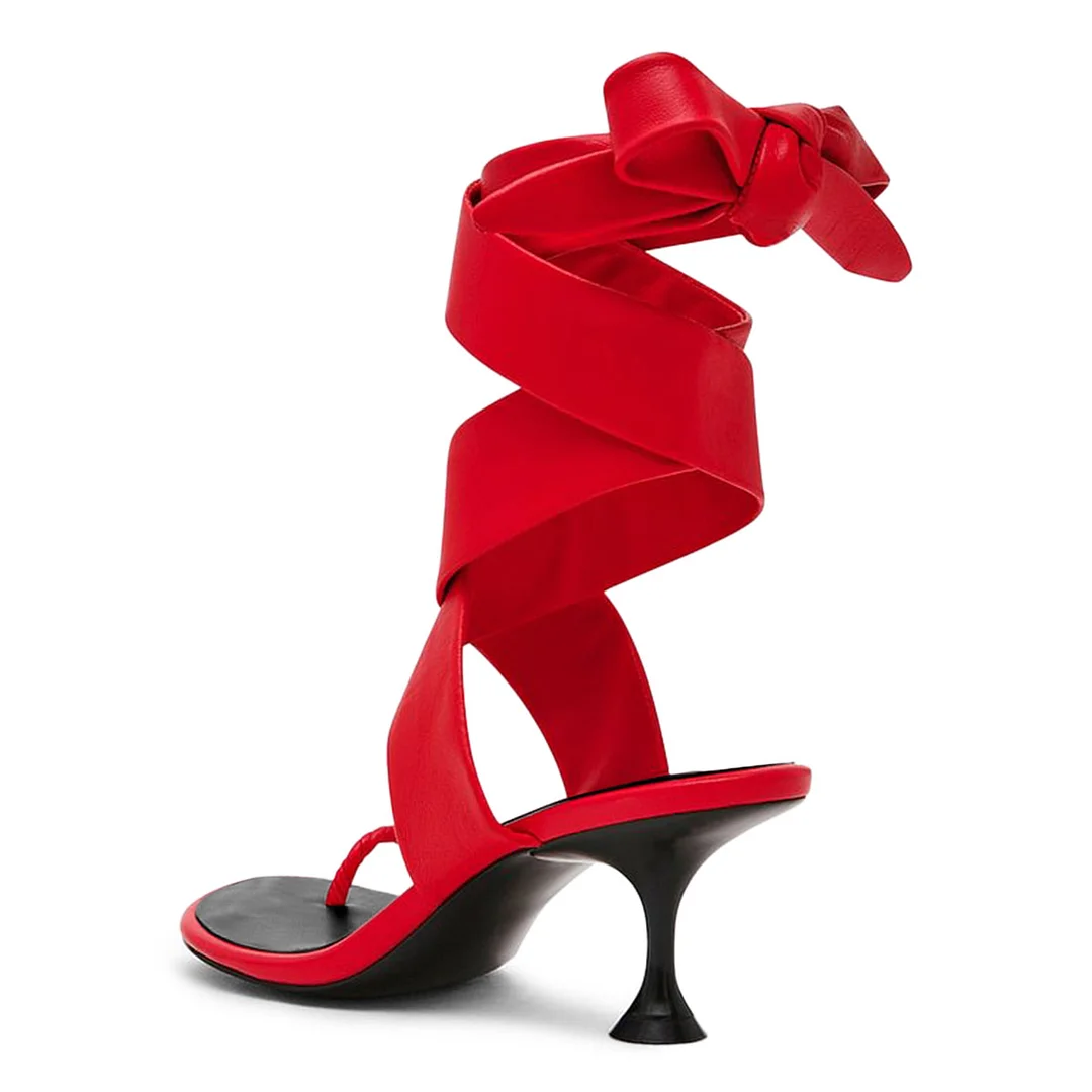 Women's Red Round Toe Mid Flared Heel Strappy Sandals with A Ring