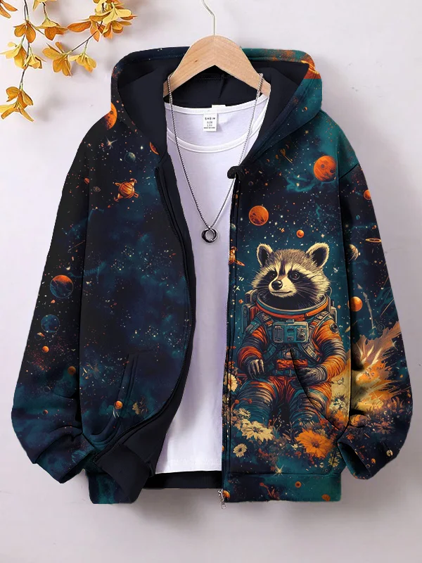Women's Raccoon Astronaut In Outer Space Art Print Hooded Zip Up Jacket