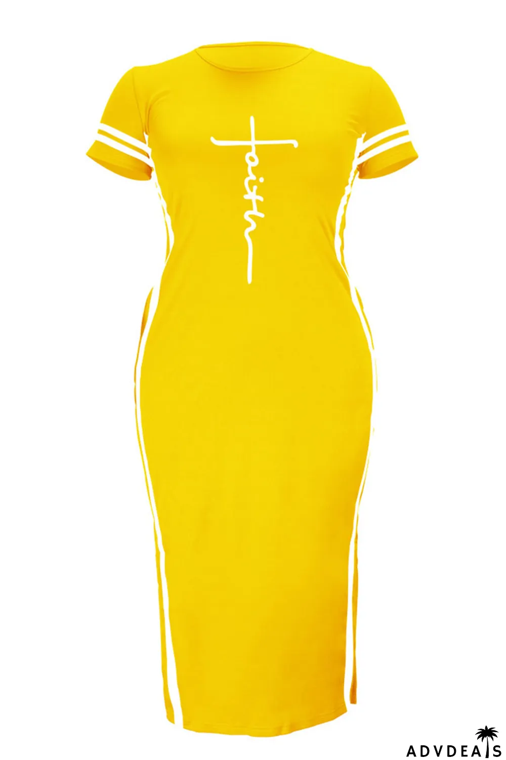 Tibetan Blue Fashion Casual Plus Size Print Slit O Neck Short Sleeve Dress