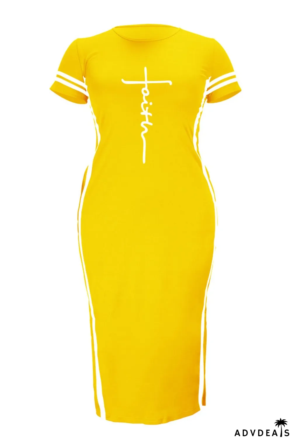 Tibetan Blue Fashion Casual Plus Size Print Slit O Neck Short Sleeve Dress