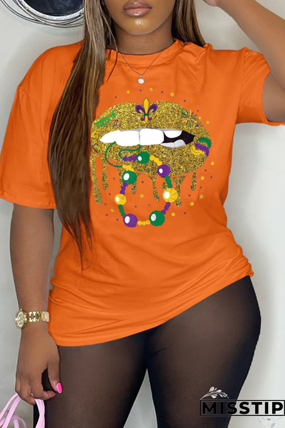 Red Party Vintage Lips Printed Patchwork O Neck T-Shirts